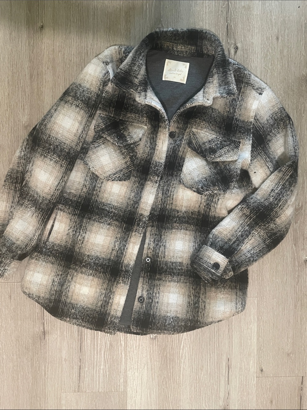 Altar'd State Black and Cream Plaid Button-Up Shacket